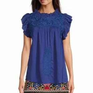 J.Marie Size Medium Cap Women's Blue Ruffle Cap Sleeve Embroidered Blouse Boho